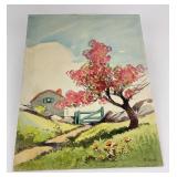 Antique Watercolor of Farm House R Royer