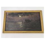 Antique Harbor at Night Oil on Board Painting
