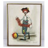 Mid Century Clown Oil on Canvas Painting