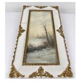 Antique Pastel Drawing Cabin in Snow