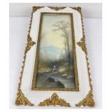 Antique Pastel Drawing Mountain Landscape