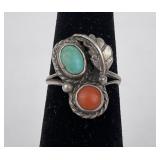Sterling Silver Navajo Turquoise Coral Ring