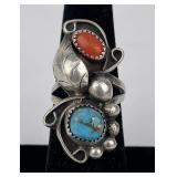 Navajo Sterling Silver Turquoise Coral Ring