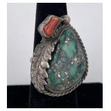 Navajo Sterling Silver Turquoise Coral Ring