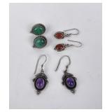 3 Pairs of Sterling Silver Gemstone Earrings