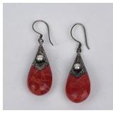 Sterling Silver Pearl and Red Coral Earrings