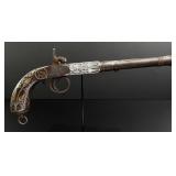 Cannon Barrel Silver Gold Inlaid Boxlock Pistol