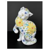 Mid Century Italian Majolica Pottery Floral Cat