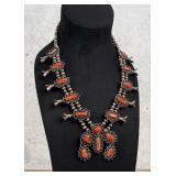 Navajo Sterling Coral Squash Blossom Necklace