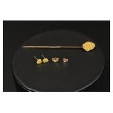 22K Gold Nugget Stick Pin and Earrings