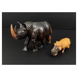 African Carved Wood Rhinoceros and Hippopotamus