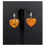 Sterling Silver Baltic Amber Heart Earrings