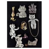 Collection of Costume Jewelry Cat Brooches