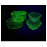 Uranium Depression Glass Mixing Bowls and Jars
