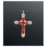 Zuni Sterling Silver Coral Cross Pendant