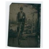 Antique Tintype Photo of Man with Racing Bicycle