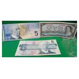 3x Canada $5 Dollar Bills 1954 1986 2002