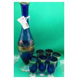 Blue Decanter With 6x Glasses NO Lid NO USA