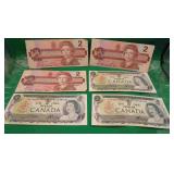6x Canada Last Issue 1986 $2 Bills 1973 $1 Bills
