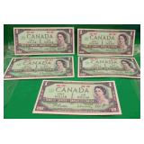 5x 1867-1967 Canada $1 Commemorative Dollar Bills