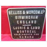 1903 Belliss & Morcom Steam Engine Plaque Sign