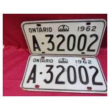 1962 Ontario Canada Matching Car License Plates