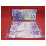 2001 Canada Lot 3 Sequential 10 Dollar Bills NICE