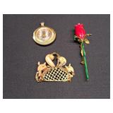 Squirrel & Watch Pendants, Rose Brooch