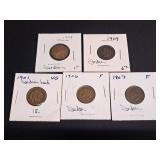 5) Indian Head Pennies 1901, 06, 07, 08, 09