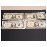 4) 1957 Blue Seal Silver One Dollar Certificats