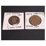 2) Braided Hair Large Cents - 1843 & 1848