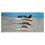 3) Pocket Knives, 1) with Belt Sheath
