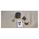 Vintage Broochs and Metal Trinket Box