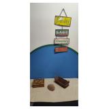 Tramp art box wicker basket sea shell, metal signs