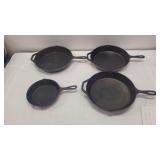Four 12' & 8' Cast Iron Pans