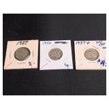 3) Indian Head Buffalo Nickels 1927, 1936, 1937-D