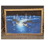 Velvet Blue Boat Painting 36x25 needs cleaning