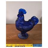 Hen on a nest Cobalt Blue Glass Rooster Covered
