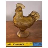 Hens on a Nest amber glass rooster candy dish