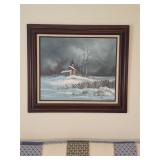 Rozario framed winter landscape oil painting of a