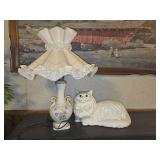 vintage table lamp white ceramic cat figurine