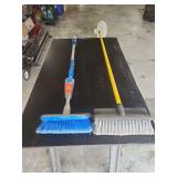 Two Cleaning Brushes with Telescoping Soap Dispenser Pole and Yellow Handle Push Broom