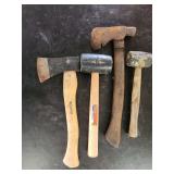 Assorted Axes and Mallets Including Truper and Hyper Tough Brands