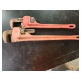 Two Heavy Duty Red Pipe Wrenches Including Pittsburgh Brand 24 Inch and 18 Inch Models