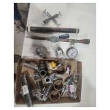 Assorted Plumbing Fittings, Pipes, Valves, and Pressure Gauge