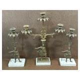 3 Piece Antique Brass & Marble Candelabra Set
