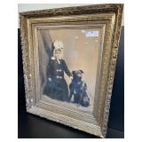 Antique Portrait of Girl w/ Dog in Gilt Frame