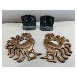 Pair of Bronze Bookends & Decorative Roosters