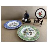 Asian Figurine, Needlepoint Silk, Plates, etc.