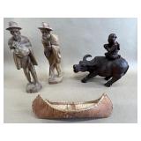 3 Vintage Wooden Carved Figurines & Canoe